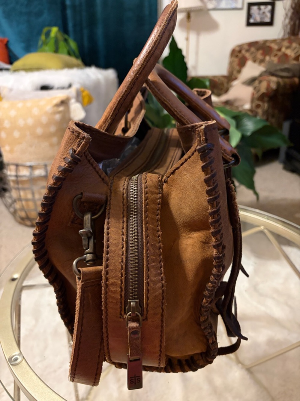 STS Ranchwear Sheridan Flower Leather Top Double Handle Brown Whipstitch Satchel - Picture 3 of 16